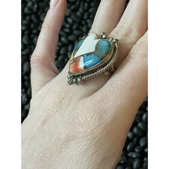 Native American Sw Sterling Silver Orange Spiny🧡💙Turquoise Heart Ring Size 7 - Picture 3 of 5